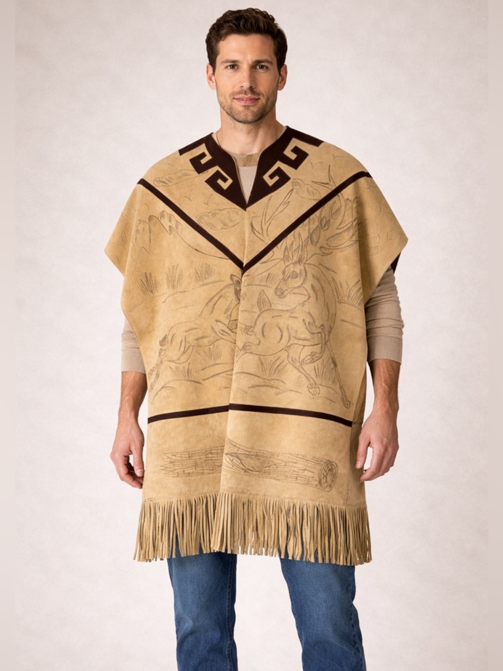 Vintage Suede Leather Deer Print Western Fringe Poncho Unisex